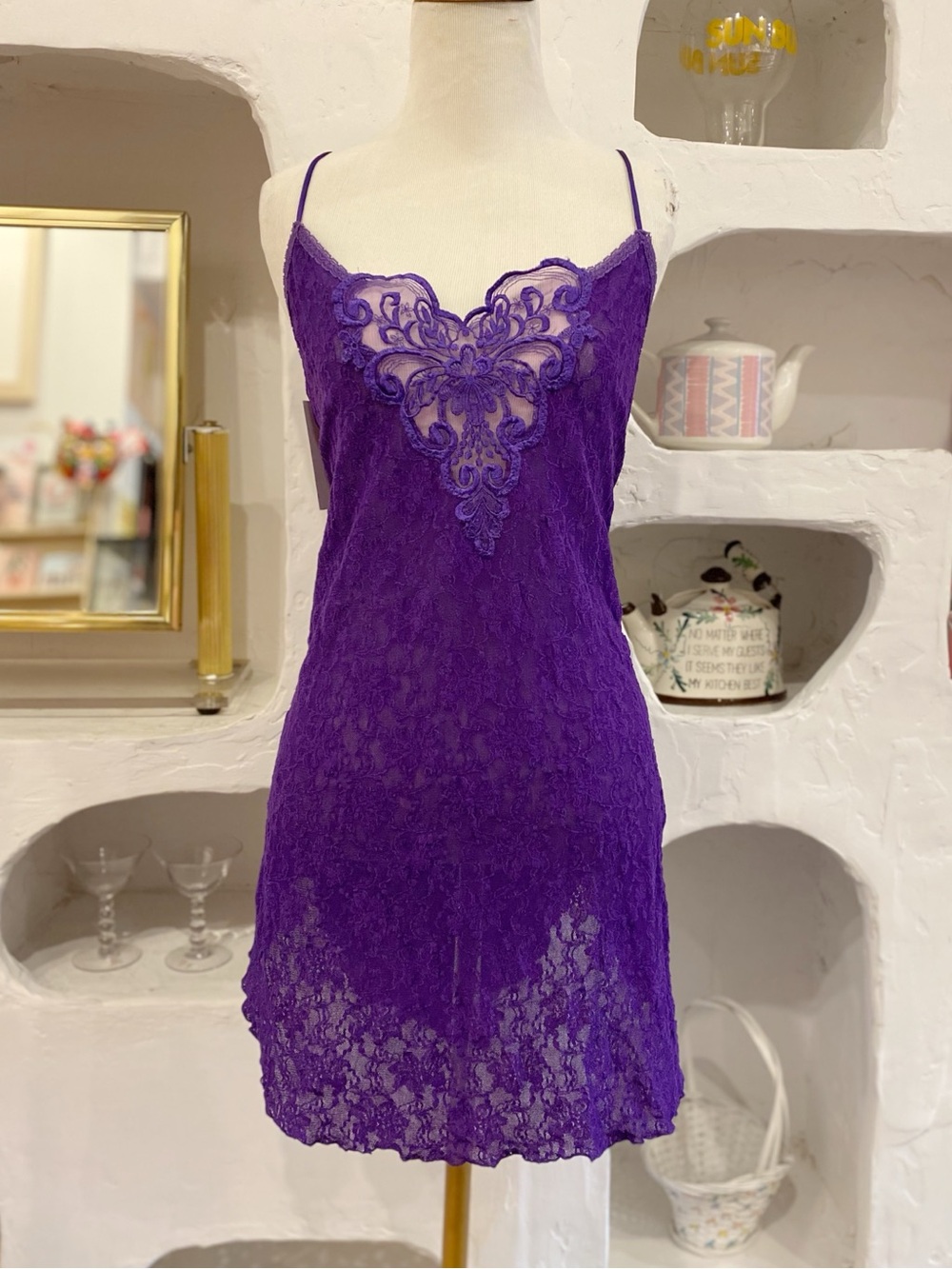 Vintage Purple Sheer Lace Stretchy Spaghetti Strap Lingerie Mini Dress